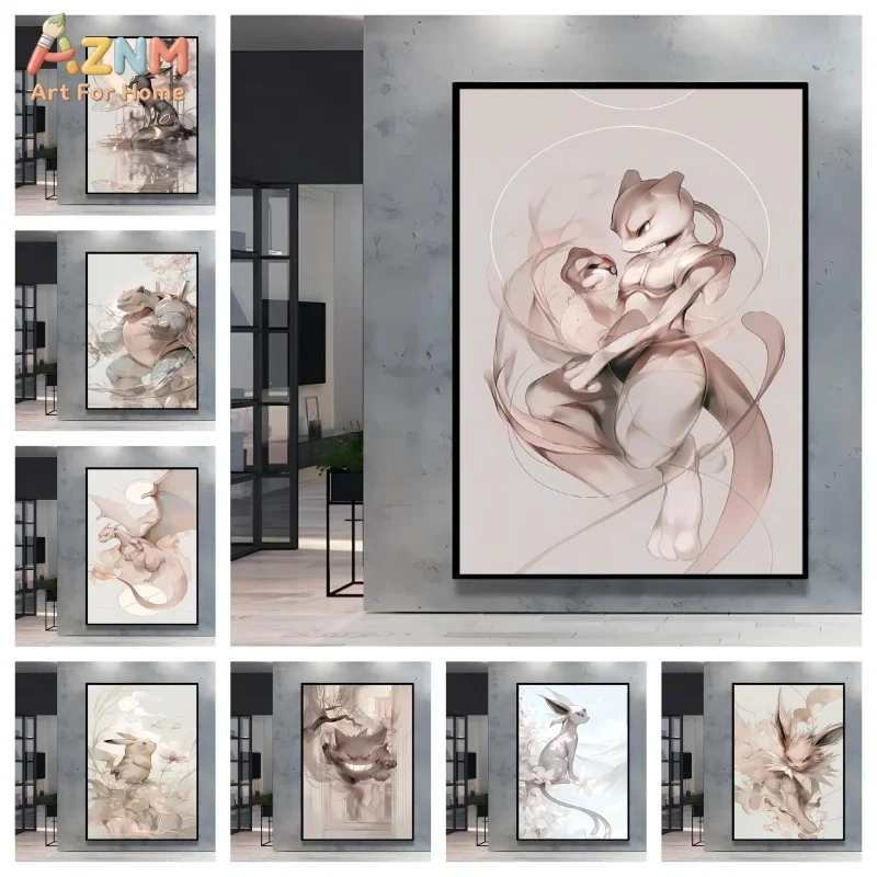 AZNM Minimal Ink Wash Pokemon Canvas Print Unframed Mewtwo Charizard Gengar Eeveelutions Soft Aesthetic Bedroom Wall Art Poster