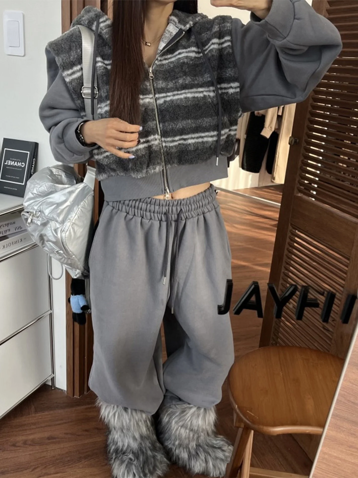 Faionable المرقعة مخطط لامب المخملية البلوز Jaet الشتاء مرونة الخصر عارضة السراويل الطويلة المرأة فرقة مجموعة