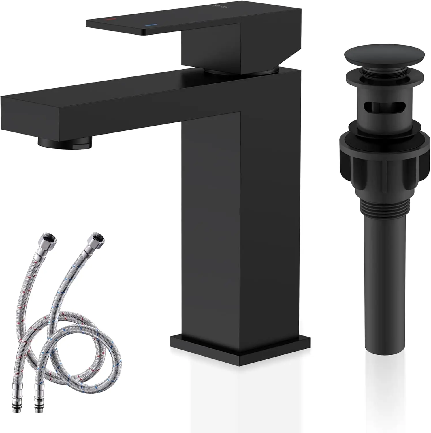 

Matte Black Single Handle Bathroom Sink Faucet with Pop-Up Drain and Supply Hoses, Easy Installation for Vanity
