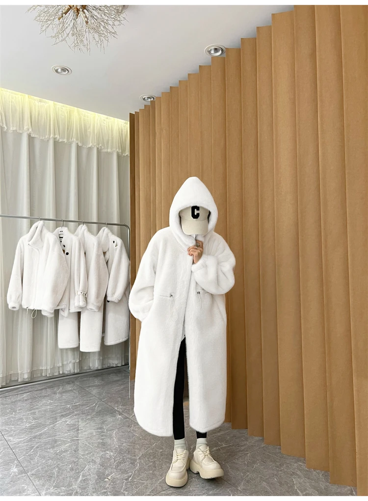 Lautaro Winter Long Oversized Warm Thick Blue White Fluffy Faux Fur Coat Women with Hood 2022 Loose Casual Korean Style Fashion