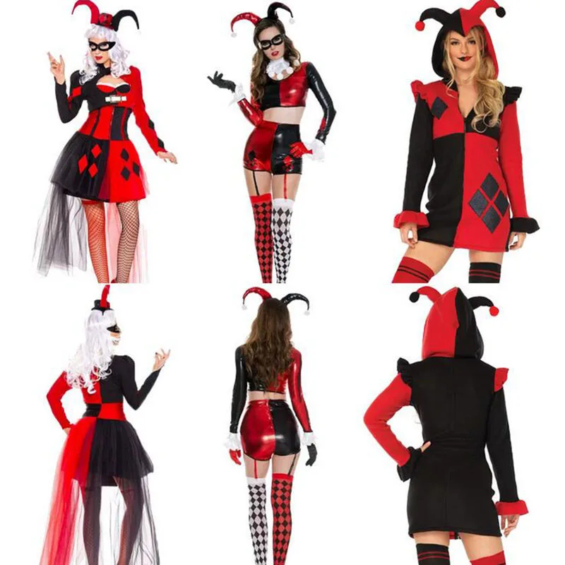 Joker Cosplay Costume para mulheres, Palhaço, Circo, Vestido extravagante, Halloween, Preto, Vermelho