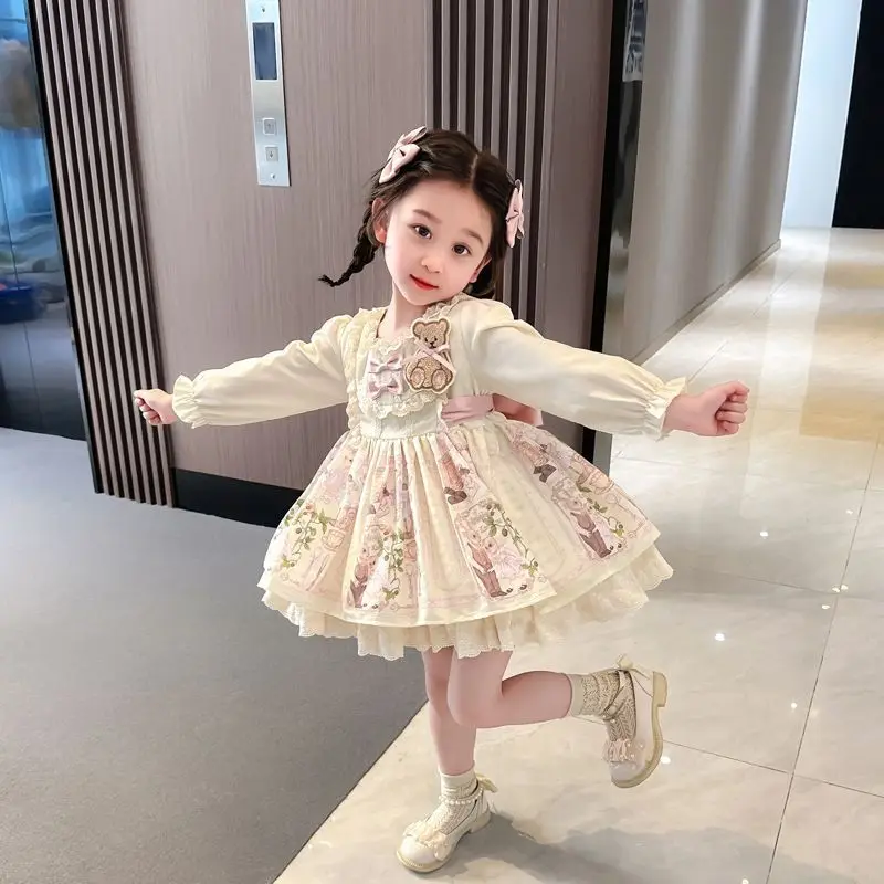 Autumn Cute Bear kids Vestido Spanish Girl Dress Baby Bow Princess Long sleeve  Lolita Dress For Girl Birthday outfit Lace