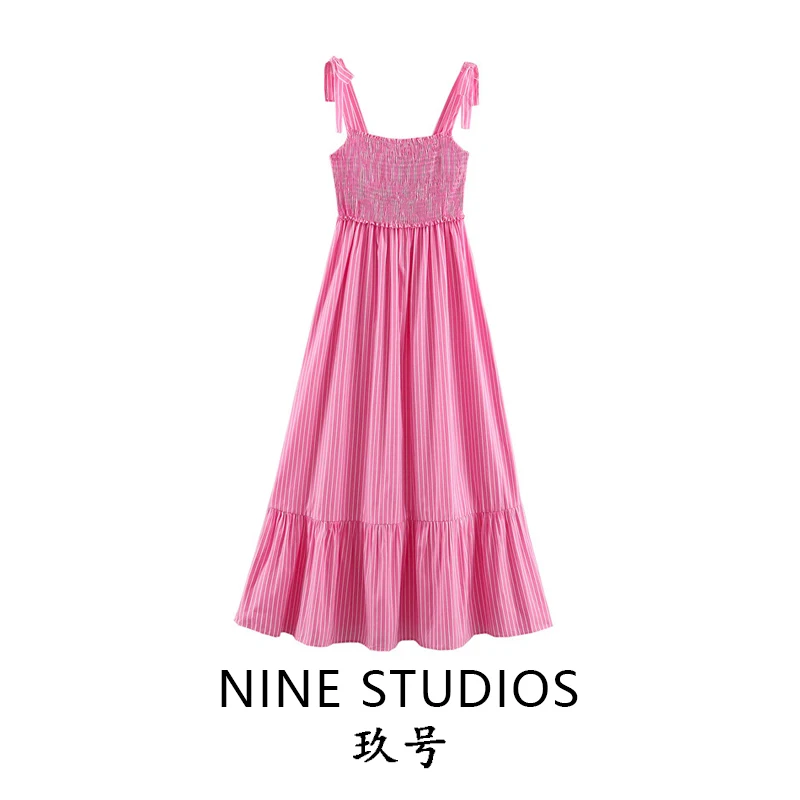 Vestido Halter Sexy a Rayas con Decoración de Nudos, Vestido Largo NINE ZAR, Moda Femenina, Falda Línea A, Ropa Casual de Poliéster