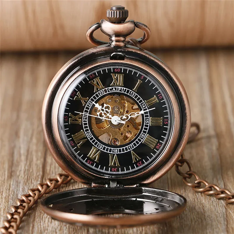 Classic Rose Gold Pocket Watch Skeleton Hand-winding Mechanical Clock Carving Flower Design Pendant Chain Roman Number Dial Gift