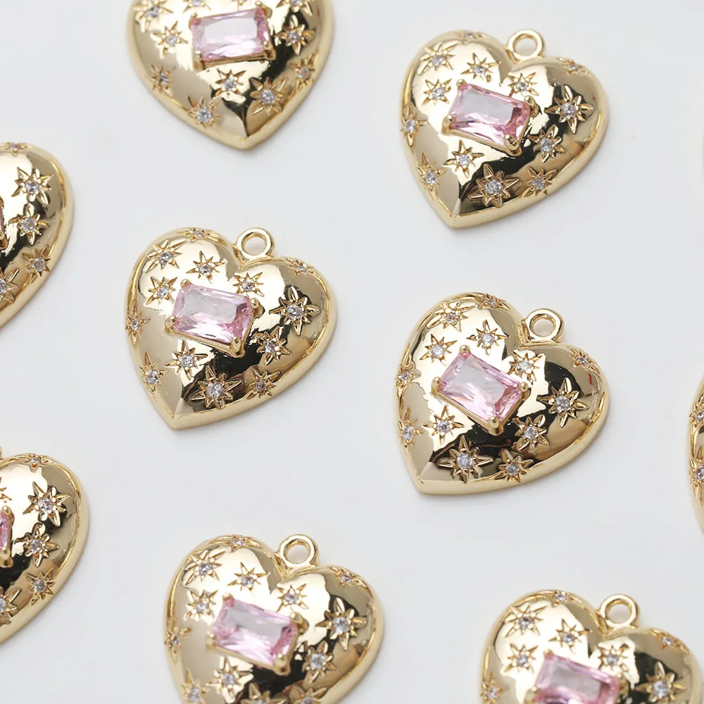 2PCS 14K Gold Plated Colorful Zircon Heart Pendant Brass Jewelry DIY Making Supplies Material Accessories