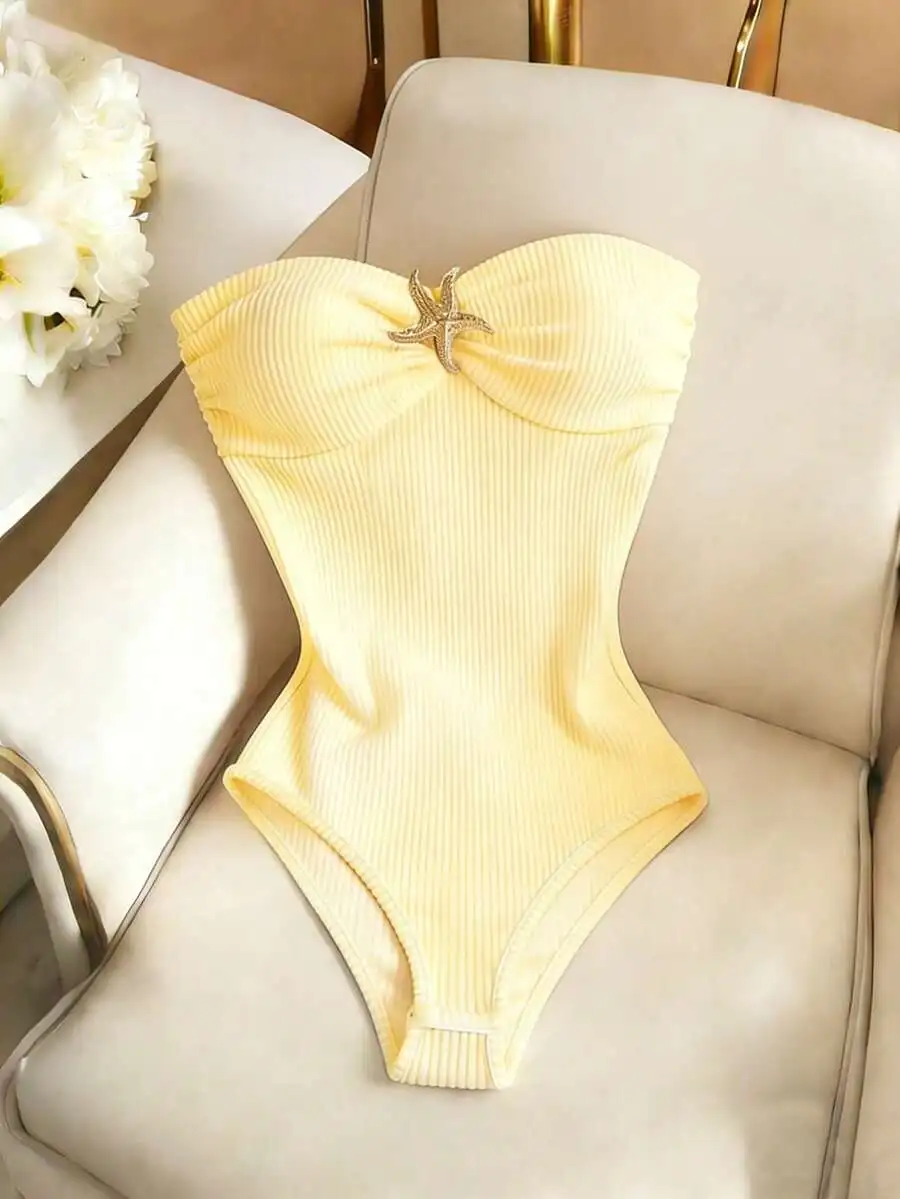 INAWLY Fitted Sexy Pleated Metal Buckle Bodysuit For Women