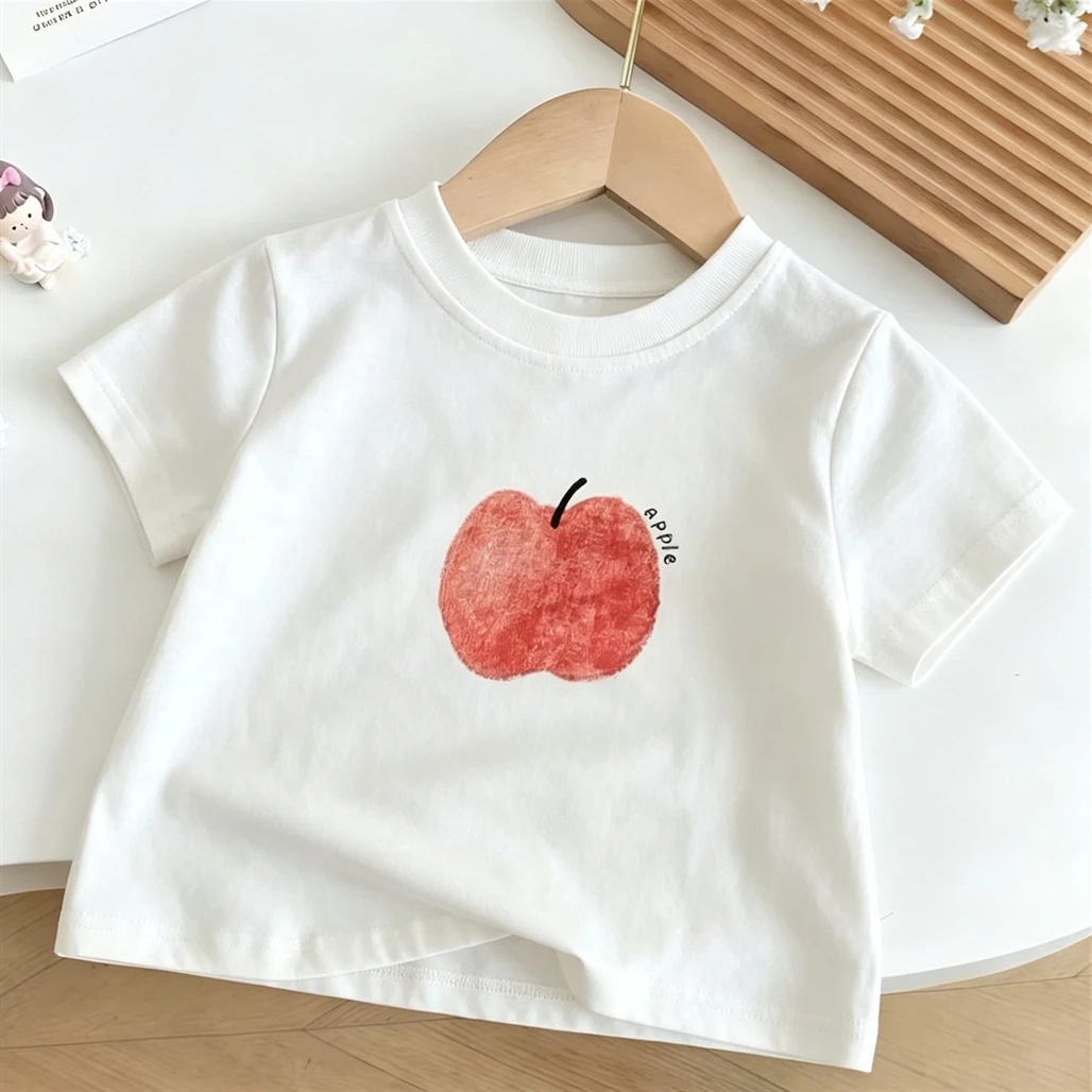 Apple Banana T-shirt Solid Color All-match Base Shirt New Design Thin Crewneck Pullovers Summer Child Girls Clothes Lovely Tees