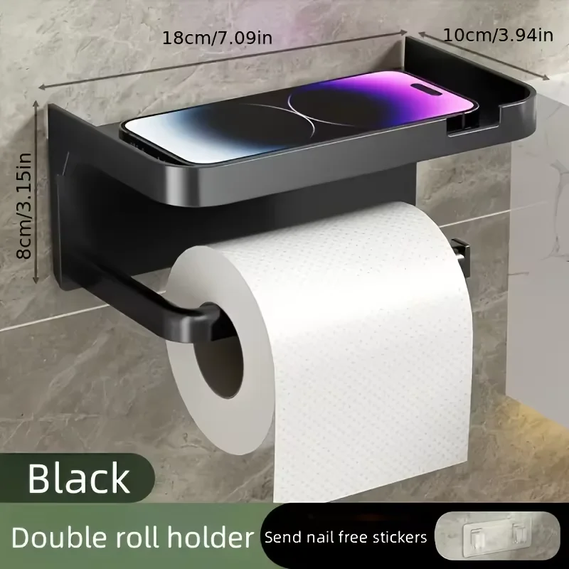 Wall Mounted Toilet Paper Holder with Phone Shelf Bathroom Storage Rack Tissue Box Bracket Organizer