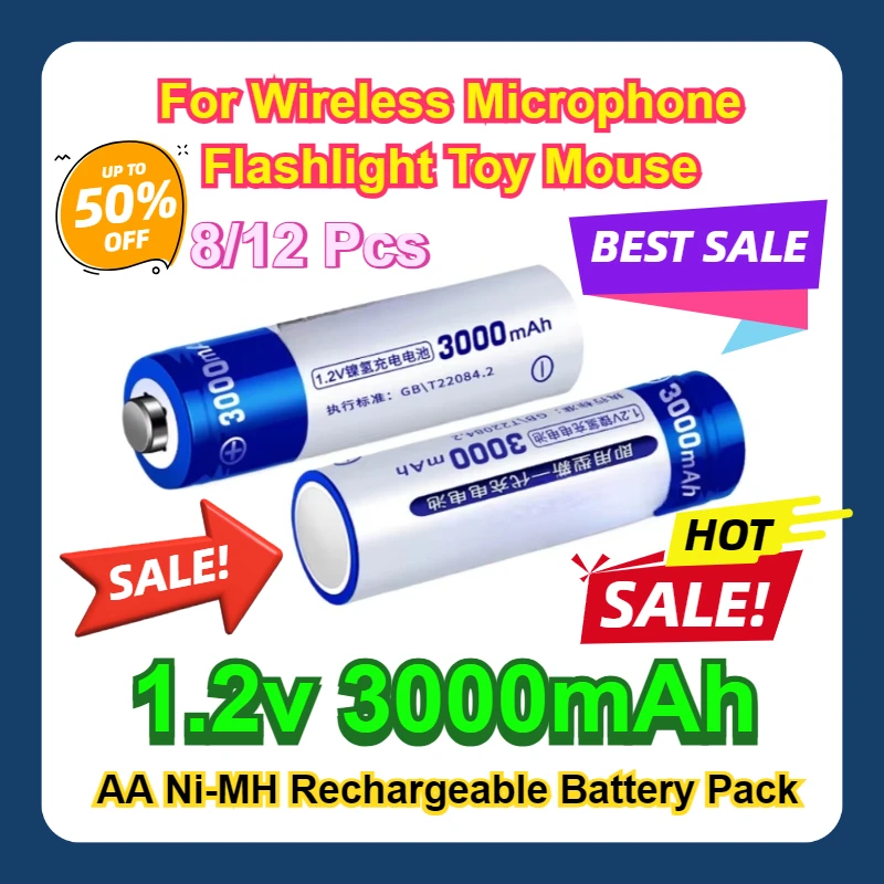 

For Battery for Wireless Microphone Flashlight Toy Mouse 8/12 Pcs 1.2V AA Ni-MH Rechargeable Battery Pack 3000mAh