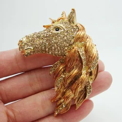 Vintage Horse-Head Brooch Brown Crystal Rhinestone Animal Brooches Pin for Women Girls