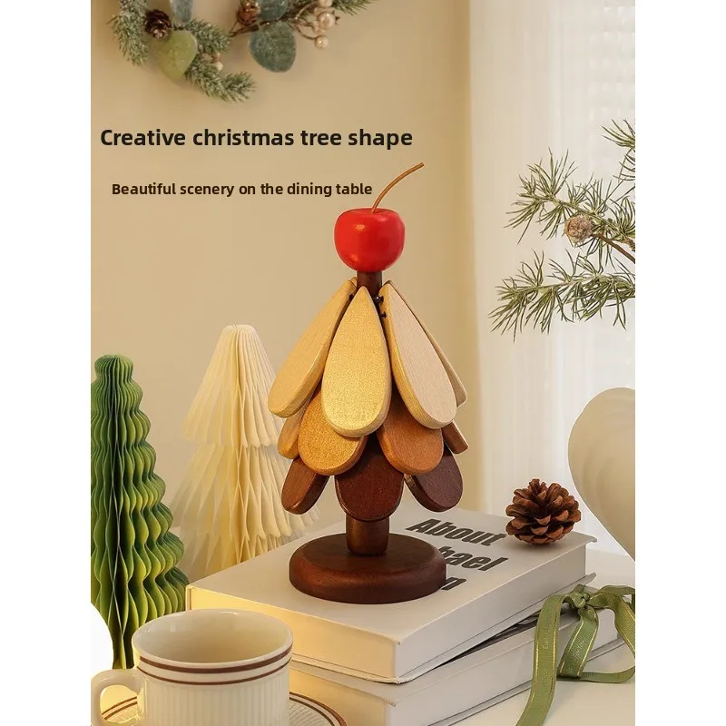 Premium Christmas tree thermal insulation table ornament creative one tree solid wood anti-scalding pot mat folding coaster