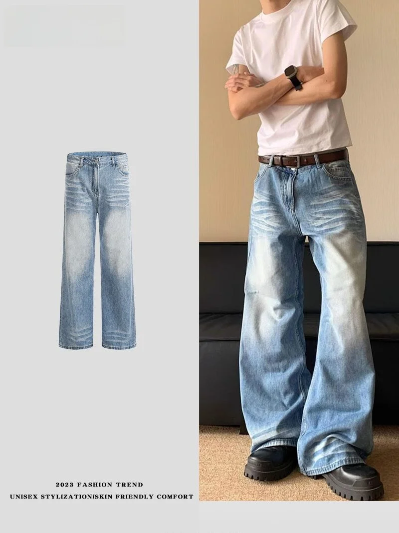 

Blue Waed American Retro Wide Leg Jeans Men Women Loose Straight Cut Trousers Versatile Casual Long Pants Youth Faion