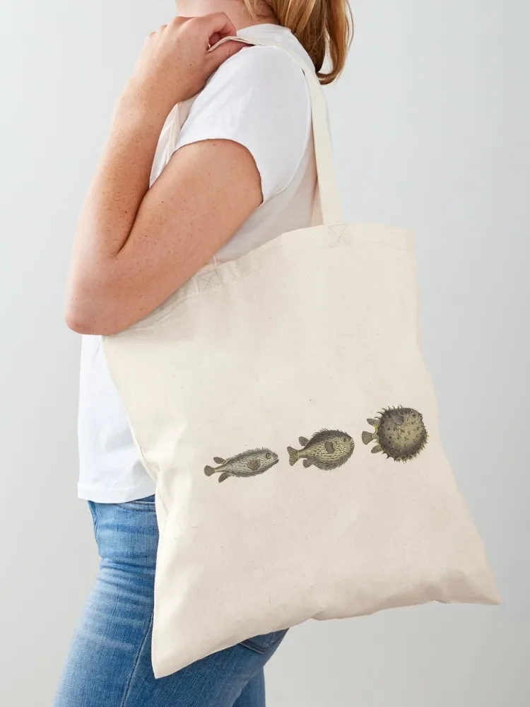 

Three Little Puffers - Pufferfish Vintage Fish Print Tote Bag reusable shopping bags Woman shopper bag