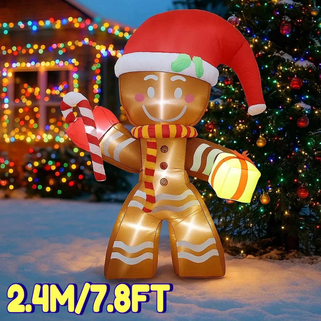 2.4M/7.8FT Inflatable Gingerbread Man Candy Cane Lights LED Home Holiday Lighting Decor Yard Xmas Supplies Outdoor Lawn Ornament