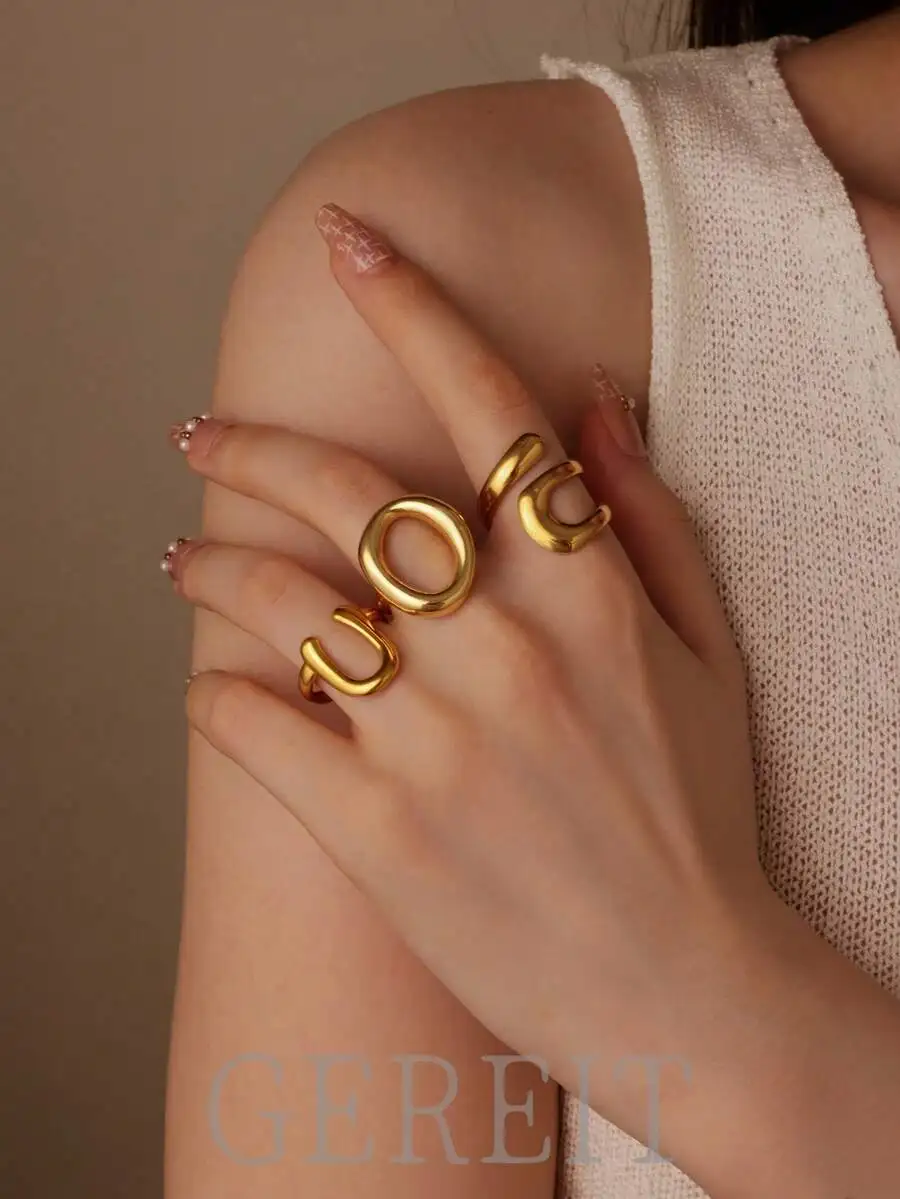 

3pcs 18K Stainless Steel Smooth Letter Open Ring Set, Suitable For Women's Daily Wear, Mother's Day Gift