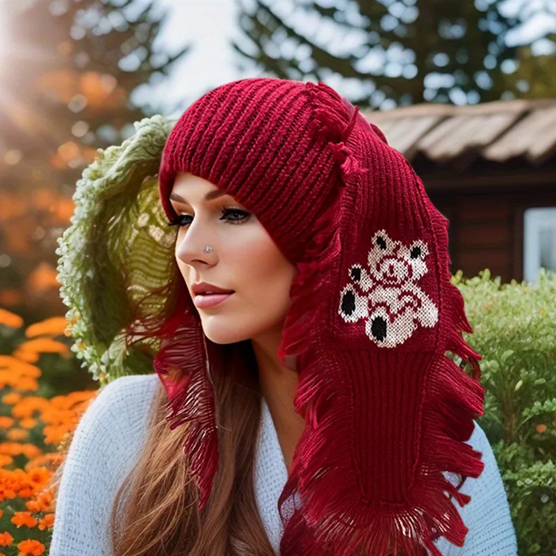 Punk Bunny Ear Beanie Stretch Knit Rabbit Hat for Women Men Winter Warm Animal Festival Christmas Party Cap 4