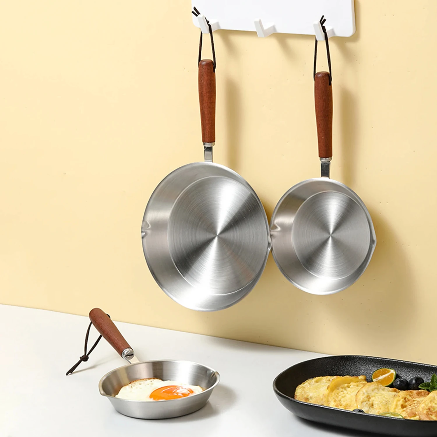 Wooden Handle Stainless Steel Kitchen Cookware Set - Nonstick Frying Pan, Butter Warmer, Egg Pot - Suitable for All Stovetops