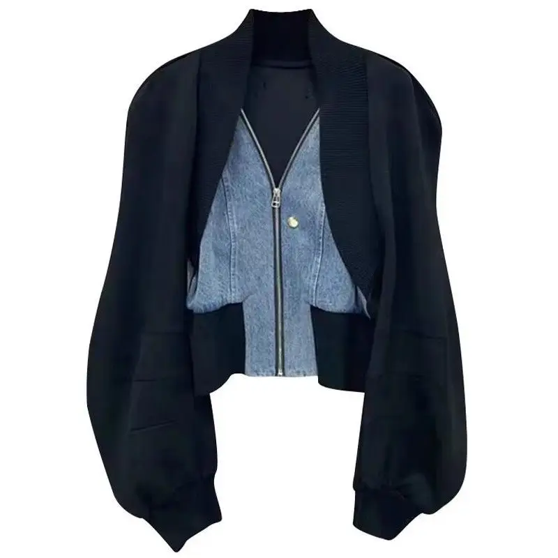 Design Black Denim Patchwork Jacket Long Sleeve Short Jacket Women Clothes Spring Autumn Spice Girl Fake Two Piece Cardigan Tops