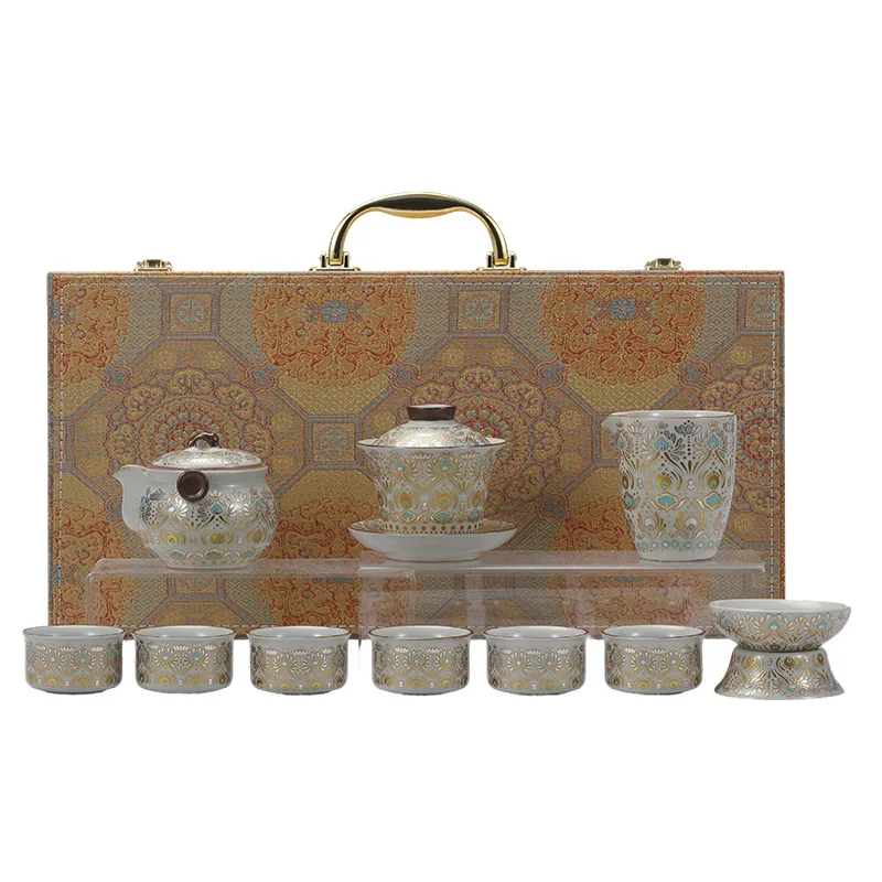 HYS Kung Fu tea set retro gold and silver wrong teapot teacup hovering cover bowl making tea meeting business gifts