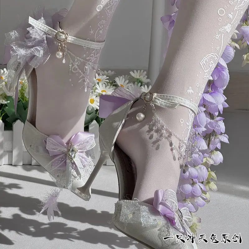 Sandalias de tacón rosa, conjunto de zapatos y bolsos de tacón Lolita, zapatos de fiesta de tacones altos de lujo para mujer, zapatos de novia con lazo para bodas, tacones Y2K