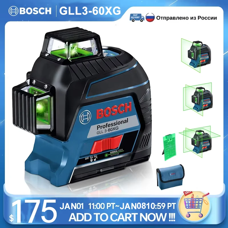 BOSCH-Nivel láser de 12 líneas, herramienta de medición de GLL3-60XG, autonivelante, verde, 3D, 360, cruce Horizontal y Vertical