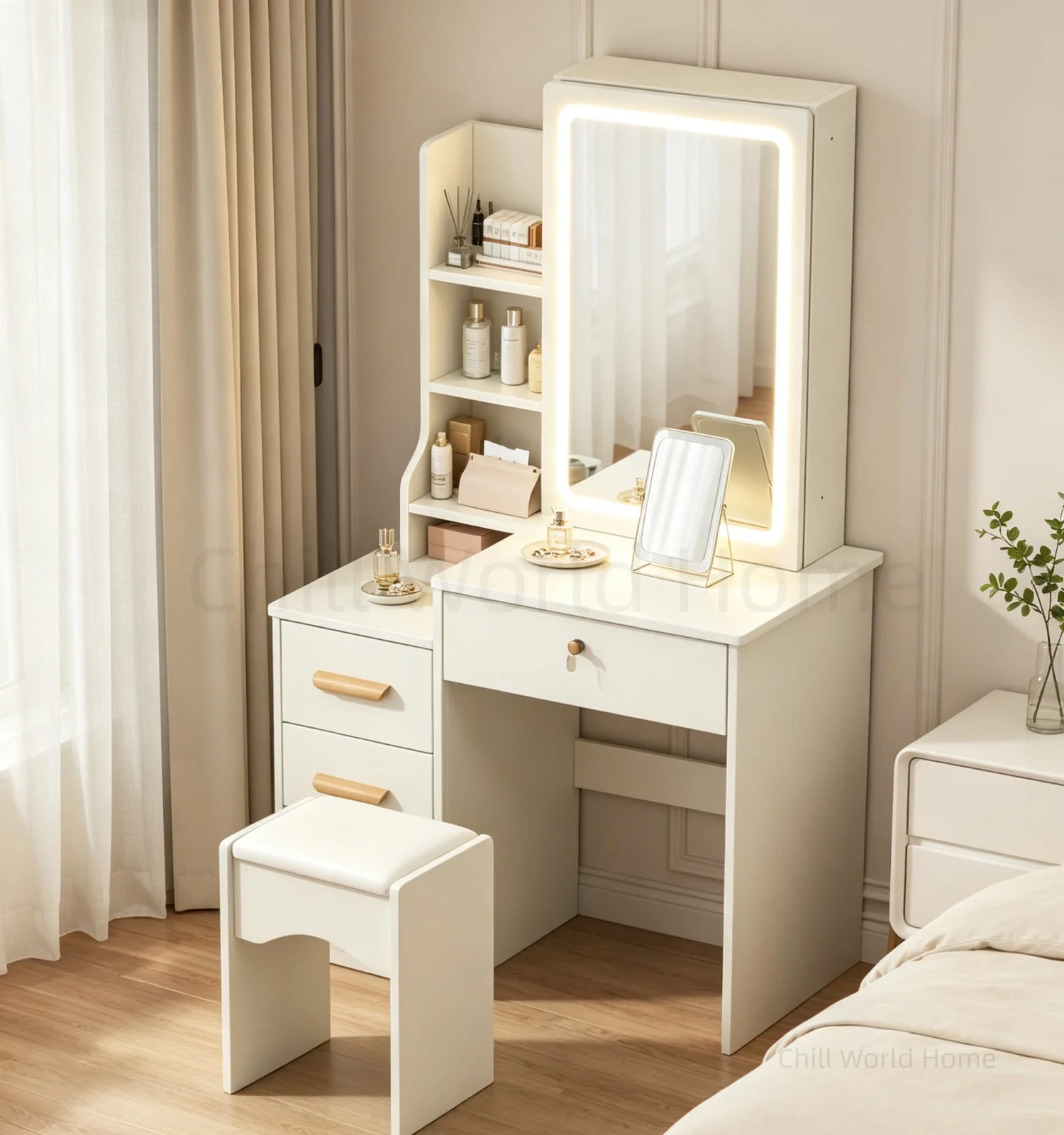 Flip-Top Hidden-Mirror Panel Dressing Table Multifunctional Storage Makeup Desk Side Drawer Cabinet Vanity Stool Set Creamy