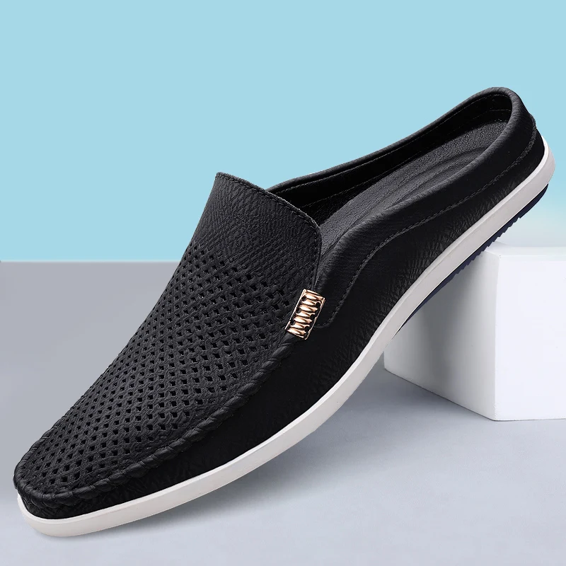 Fashion Men Mules Genuine Leather Summer Slippers Slip On Lazy Shoes Breathable Mens Loafers Indoor Slides Adult Leisure Shoes