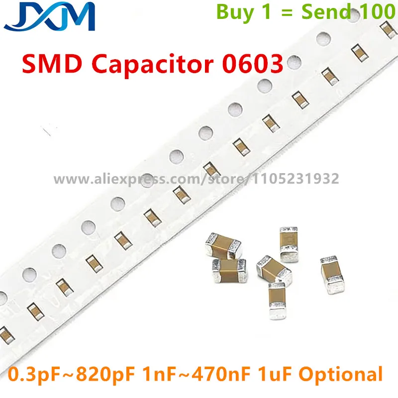 100pcs/lot SMD Capacitor 0603 1pF 2.7pF 3.3pF 3.9pF 22pF 33pF 39 47pF 56pF 68pF 82pF 100pF 2.2nF 4.7nF 10nF 100nF 50V 0.3pF~47uF