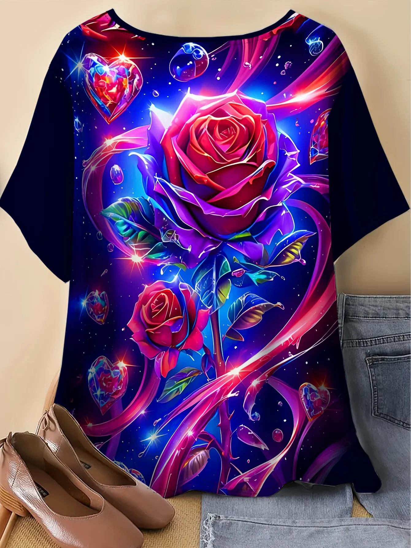 Women Short Sleeve Blouse Glowing Rose Crystal Heart Print Round Neck Loose Casual Colorful Art Summer Tops