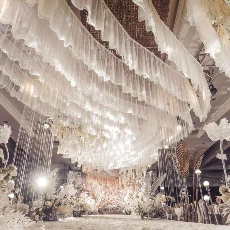 White Ceiling Drapes 10M Tulle Voile Ceiling Curtain Decorations with Ties for Event Party Church Hall Canopy Decoration