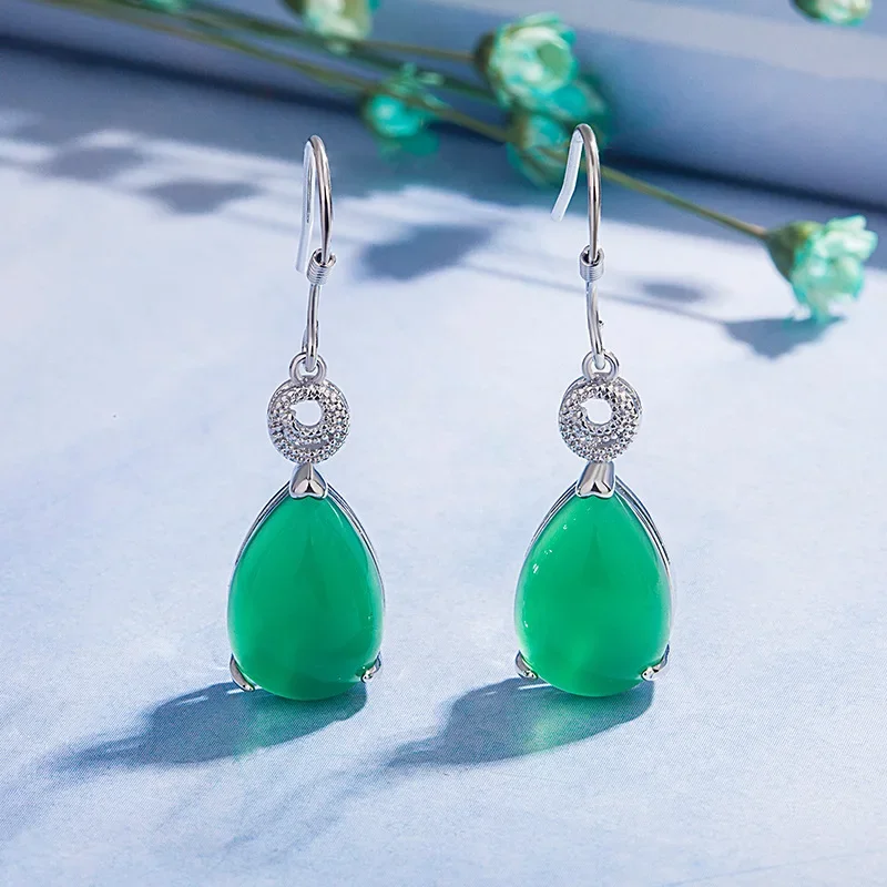 Real S925 Silver color Earring Pure Emerald Gemstone Jewelry for Women Bizuteria 925 Jewelry Kolczyki Orecchini Drop Earrings