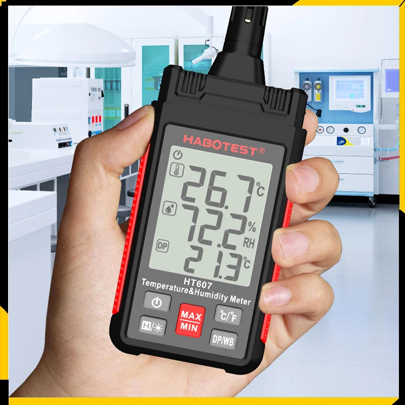 HT607 Digital Psychrometer Ambient Humidity Meter C/F Unit Thermometer Temperature Humidity Meter with Dew Point Wet Bulb