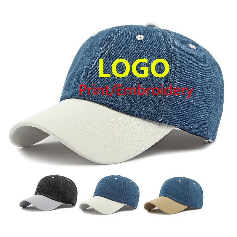 Personalised DIY logo cotton Snapback hats Adult patchwork washed demin sports fishing golf hats Custom logo Baseball cap