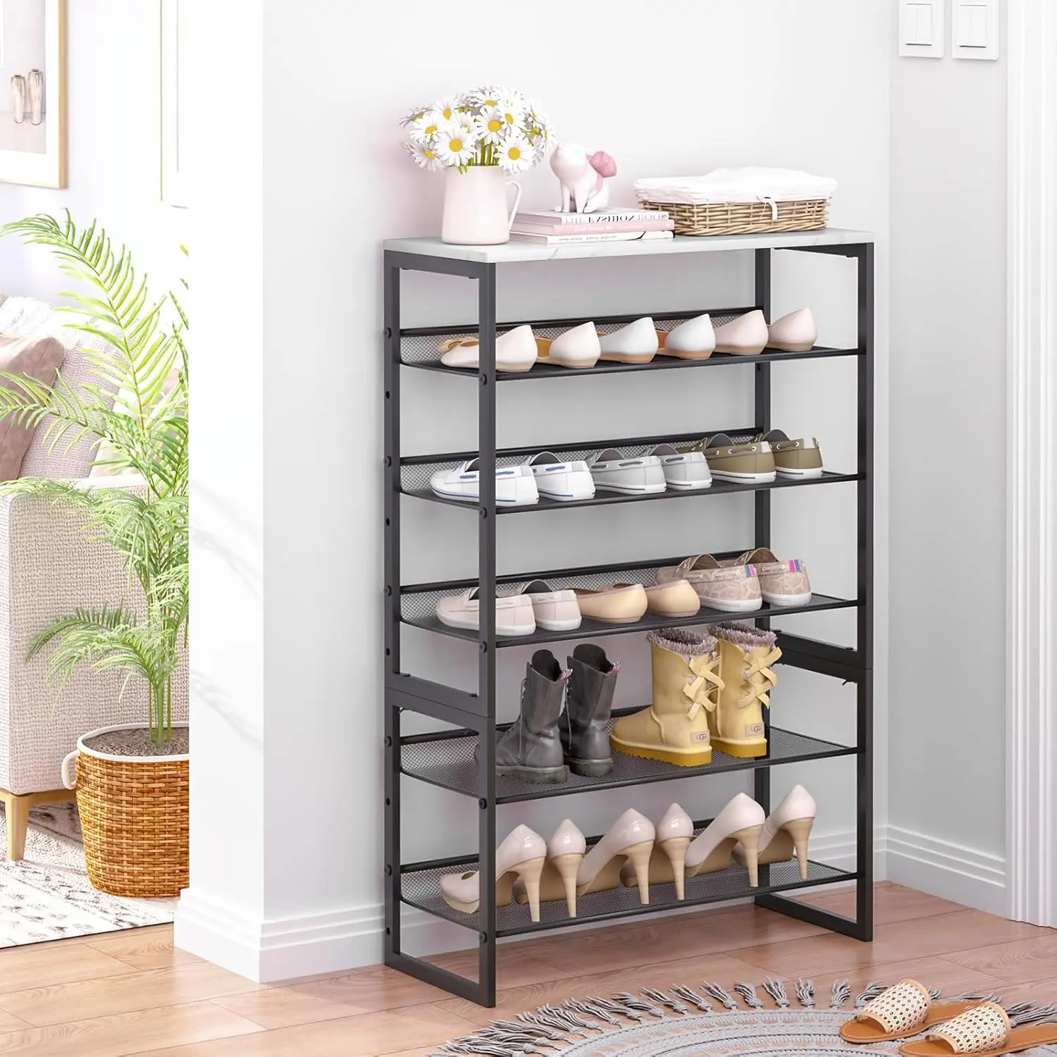 

Garden 4 you Shoe Rack 6 Tiers Shoe Storage Organizer,Large Capacity Storage Rack with White Faux Marble Tabletop