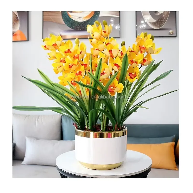 Real Touch Artificial Orchid Potted Plant Fake Flower Arrangement Home Office Desk Decor for Living Room Bedroom Wedding Gift