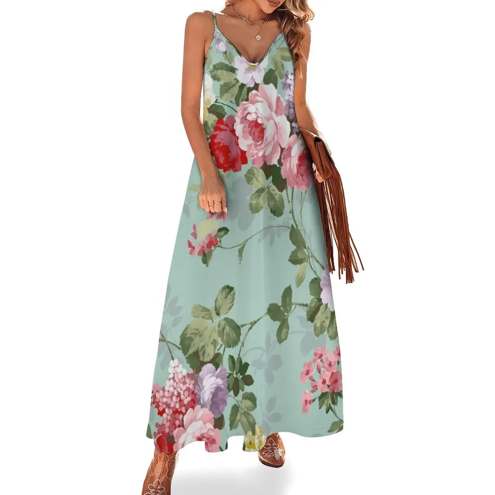

Vintage Elegant Pink Red Roses Pattern Sleeveless Dress Women's dress dress women summer 2024