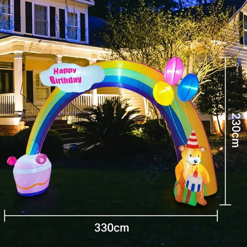 10.83FT/3.3M Birthday Inflatable Toy Arch Teddy Bear Birthday Cake WithLED Light Rainbow Archway Party Outdoor Garden Yard Decor