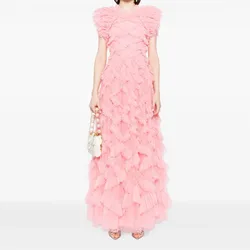 Customize Coral Pink O-Neck Tulle Long Evening Dress Tiered Ruffles Pleats Prom Gowns Long Formal Dresses Vestido De Novia