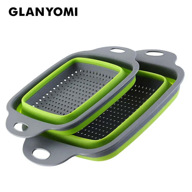 2-Piece Square Collapsible Colanders Set Kitchen Fruit & Vegetable Tools Silicone Strainers Basket Filter
