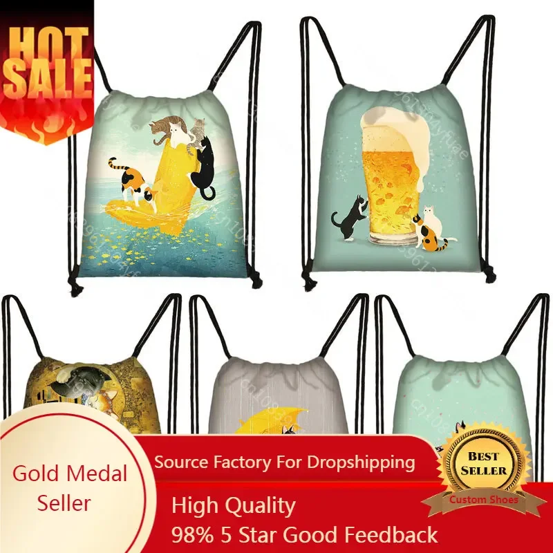 Beer Cat  Drawstring Bag Gym Pouch Bag Yellow 3D Printing Cat Backpack Women Portable Shopping Fashion School Shoe Bag For Girl