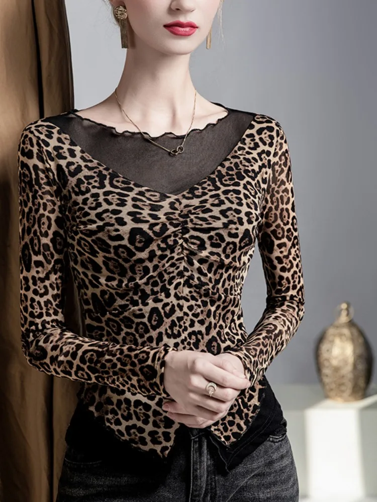 2025 New Leopard Print False Two Pieces Tops Women Sheer Mesh Y2K Sexy Slim Fit Blouse Fall Autumn Chic Streetwear T-Shirt