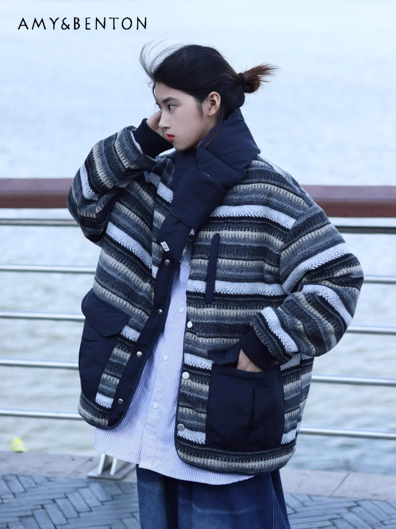 

2025 Autumn Winter Japanese Retro Reversible Thick Cotton Jacket Women's Versatile Workwear Scarf Navy Blue Cotton Coat