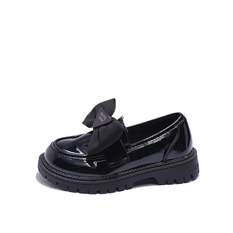 2023 Children Fashion Leather Shoes Glossy Versatile Soft Bow Cute Slip-on Kids Loafers for School Round-toe Kids Shoes Simple