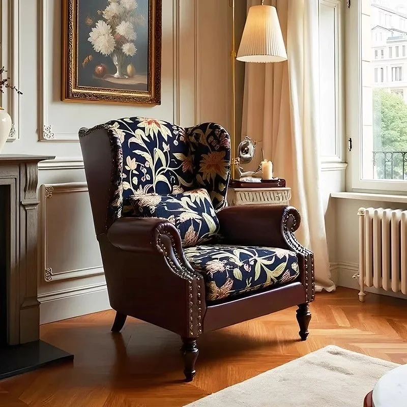 French retro style flower, fabric leisure chair American medieval living room home high-back single sofa chair