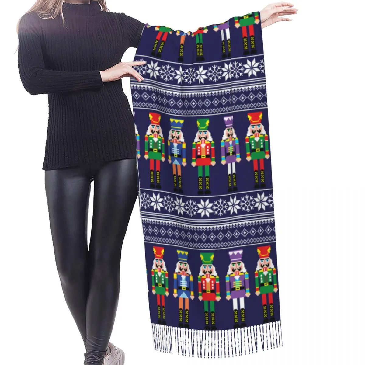 Christmas Nutcrackers Soldier Pattern Tassel Scarf Women Soft Shawls Wraps Ladies Winter Fashion Versatile Female Scarves