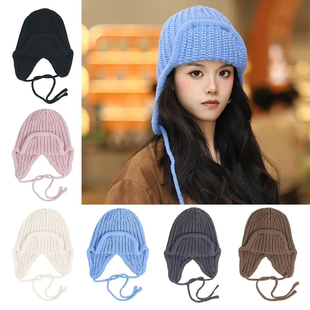 

Casual Solid Color Knitted Flying Cap Windproof Keep Warm Ear Protection Hat Thickened Winter Drawstring Hat Outdoor Cycling