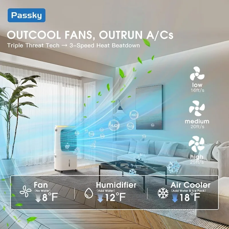 Portable Evaporative Air Cooler & Swamp Cooler - 6.6 Gal Tank, 3-in-1 Cooling Fan with Remote & LED Light, 120° Oscillation