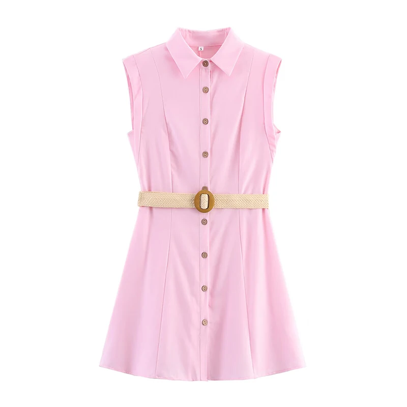 YENKYE Nowe Damskie Sukienki Koszulowe Bez Rękawów z Klapami, Paskiem, Zapinane na Guziki z Przodu, Codzienne Letnie Krótkie Sukienki Damskie Vestidos