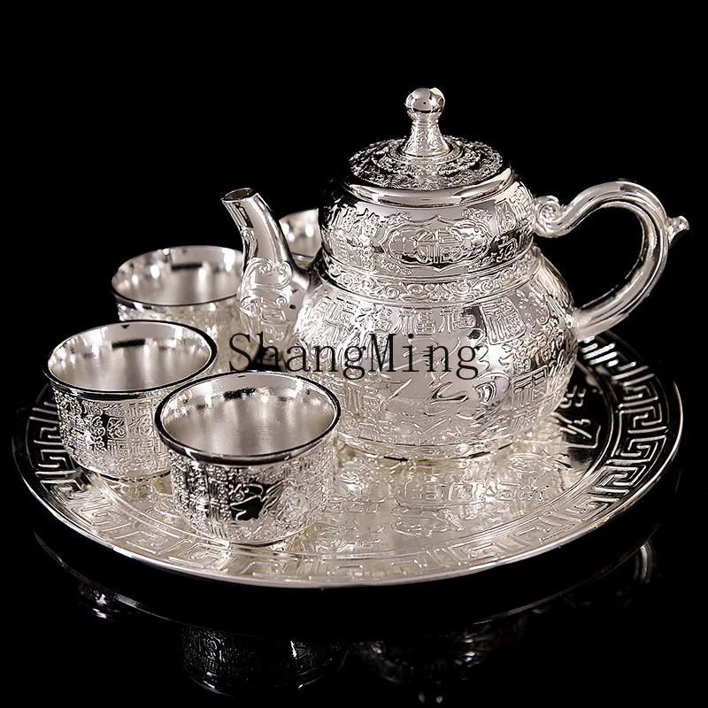 

PYH Modern Luxury Craft Tea Set Handmade Silver Tea Set Tea Pot Silver Cup Large Set