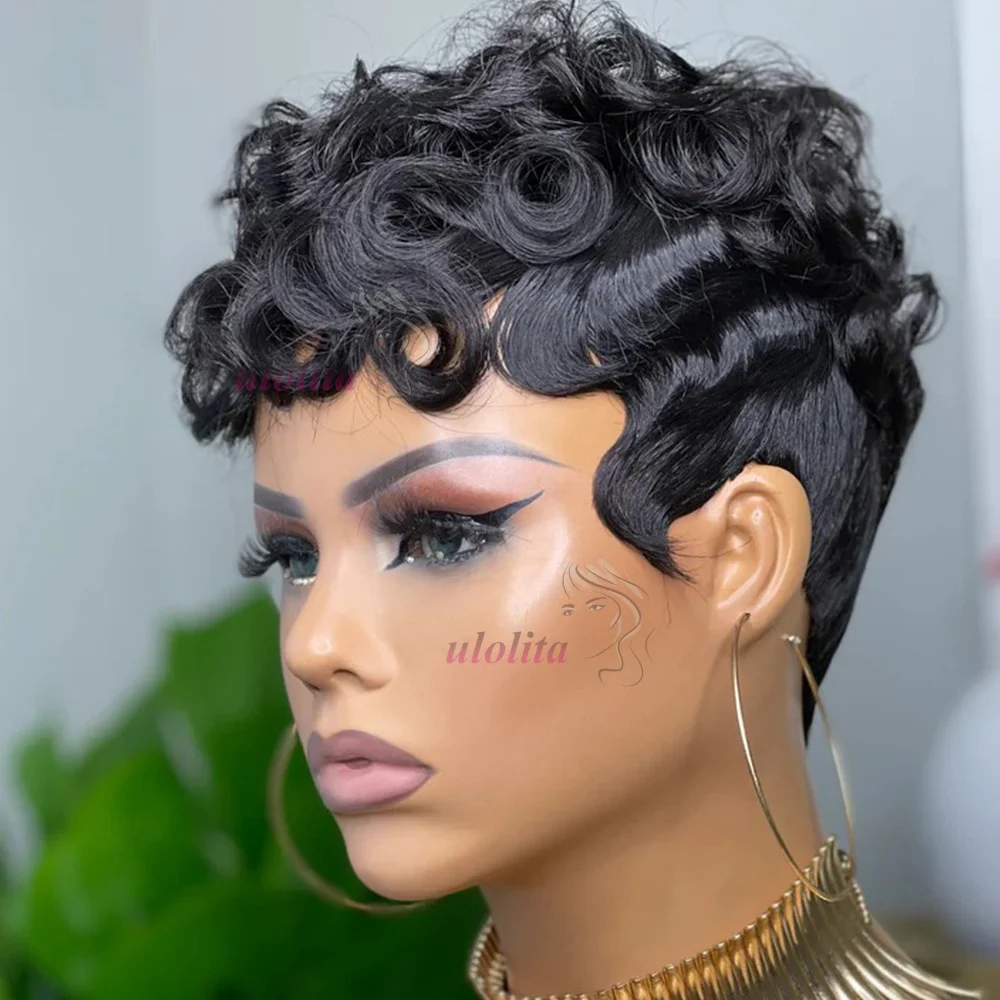 Lockige, kurze Pixie-Cut-Perücken für Frauen aus Echthaar in Schokoladenbraun # 4 farbige, vollständig maschinell gefertigte Perücken, Bob-Perücke, peruanische Haarperücken – Detail 9
